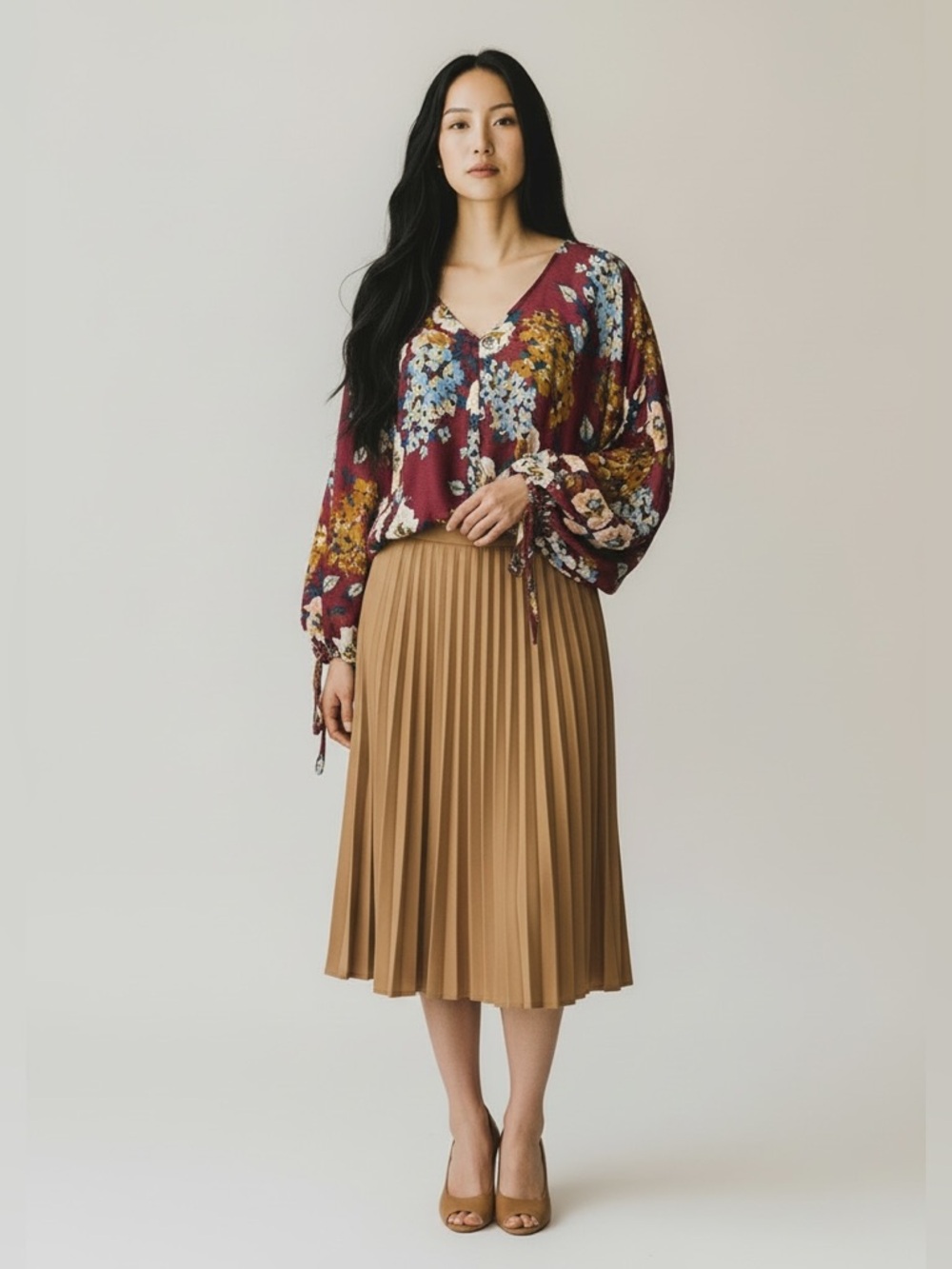 Umgee Burgundy Floral V-Neck Balloon Sleeve Blouse